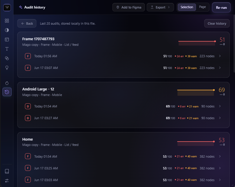 Veris audit history view showing score sparklines and run breakdown