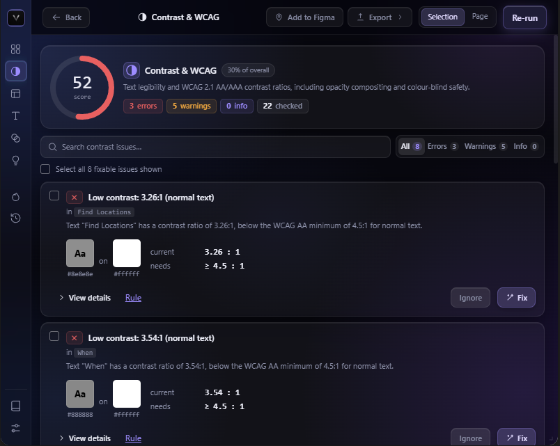 Veris detailed results view with severity-grouped issues and one-click fixes